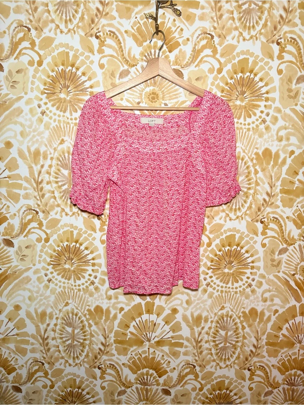 LOFT Pink Floral Puff Sleeve Blouse | Square Neck Feminine Cottagecore Top